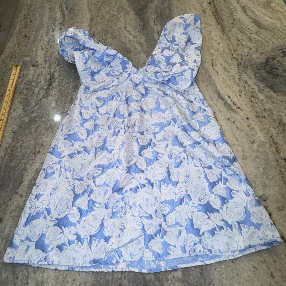 Day+Moon‎ Medium Floral Brocade Mini Dress Blue White Puff Sleeves